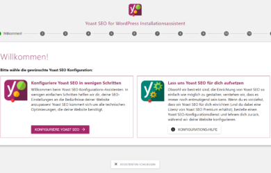 Den Yoast SEO Installationsassistenten bekommt man gleich zu Beginn zu Gesicht.