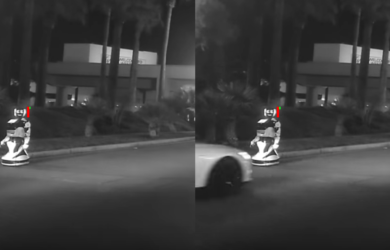 Der Promobot bewegt sich bereits vor dem angeblichen Zusammenstoß mit dem Tesla. Der sich vergrößernde Abstand wurde in grün markiert.